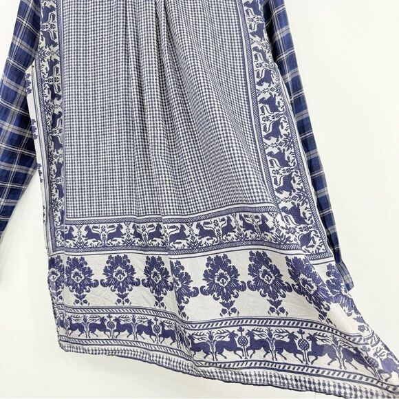 Johnny Was LANA Blue Gray Plaid Gingham Medallion Scarf Back Button Up Shirt - Picture 13 of 16